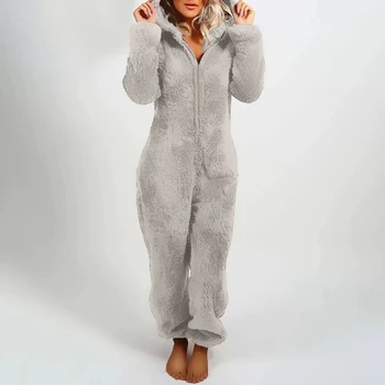 

Pajamas Female Warm Autumn Winter Hooded Rabbit Ear Fleece One-Piece Women Velvet Sleepwear Long Home Suit Female For Home