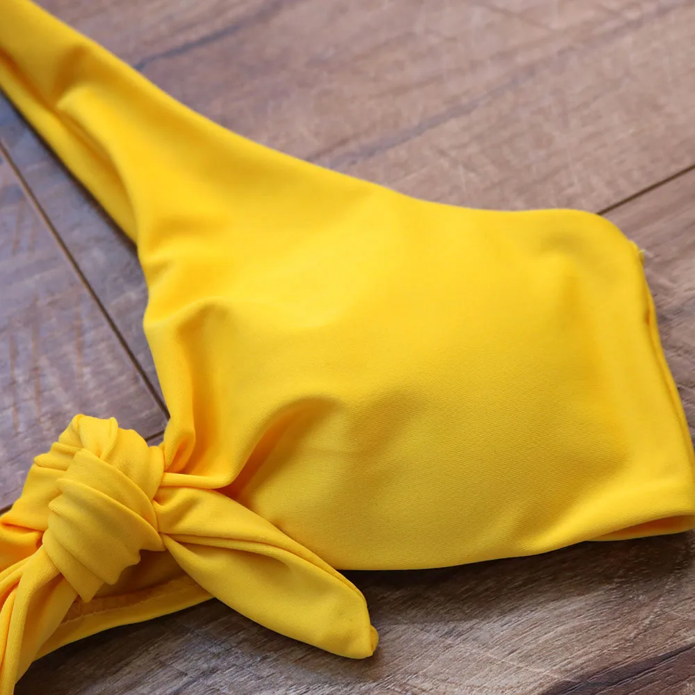 Сексуальный бикини с завязками спереди, женский купальник пуш-ап, комплект бикини, бандажный купальник, желтые стринги, купальный костюм,, купальный костюм