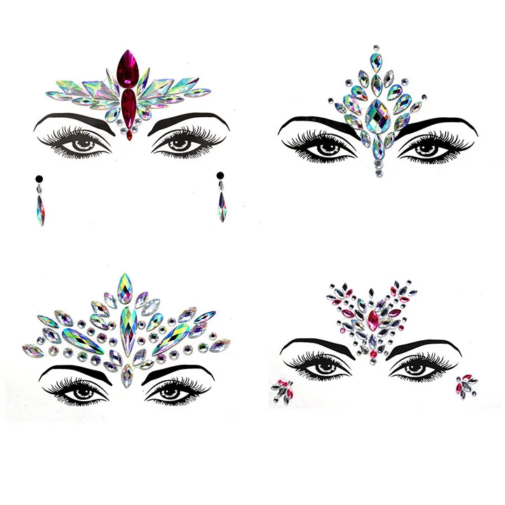1  4pcs Glitter Face Jewelry Stickers Acrylic Rhinestone Festival Masquerade Party Temporary Tattoo Fashion DIY Jewelry Stickers
