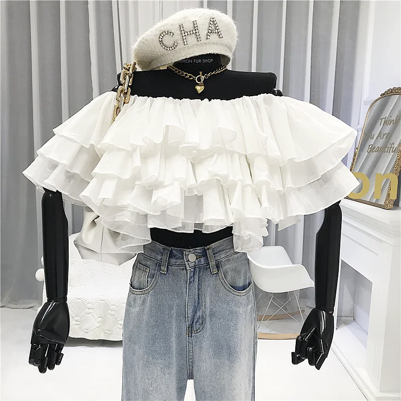 

Layer Ruffles Slash Neck Short Shirt Women's 2020 Summer Top New Design Off-Shoulder Doll Shirt Ladies Blouses and Tops Blusas