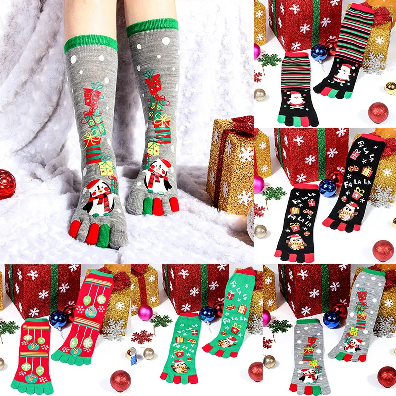 Новинка года; Модные женские забавные рождественские носки; носки с изображением Санта-Клауса и снеговика; носки с пятью пальцами; рождественские хлопковые носки