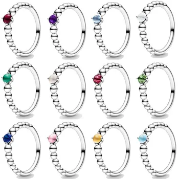 

Original 925 Sterling Silver Ring Birthstone Beaded With Crystal Rings For Women Birthday Gift Fine DIY Europe Jewelry