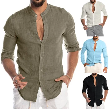 

2020 New Men's Casual Cotton Linen Shirt O-Neck Button Solid Beach Long Sleeve Top Spring Autumn Korea style Men Beach Shirt Top