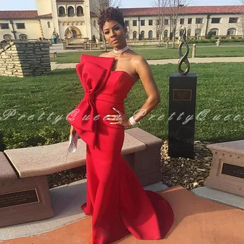 

2020 Red Mermaid Bridesmaid Dresses With Bow Strapless Women Long Wedding Party Dress Prom Gown Vestido De Fiesta De Boda