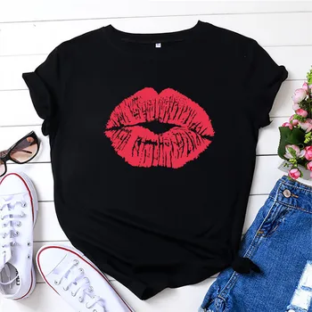 

Plus Size TShirt 100%Cotton S-5XL Sexy Red Lip Print Fashion Women Shirts O Neck Short Sleeve Summer Female T Shirt Pink Top Tee