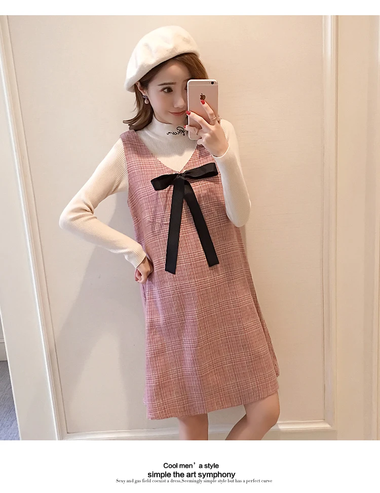 6596# 2PCS/Set Autumn Korean Fashion Maternity Dress Sweet Lovely Straight Loose Clothes for Pregnant Women Fall Pregnancy