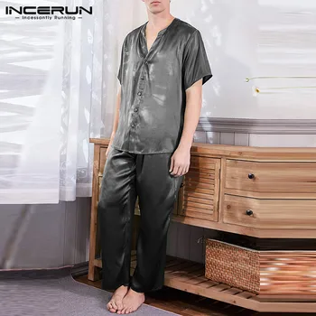 

INCERUN Mens Fashion Pajamas Suits Solid Color Short Sleeve V Neck Blouse Elastic Baggy Pants 2 Pieces Casual Homewear Sets 5XL