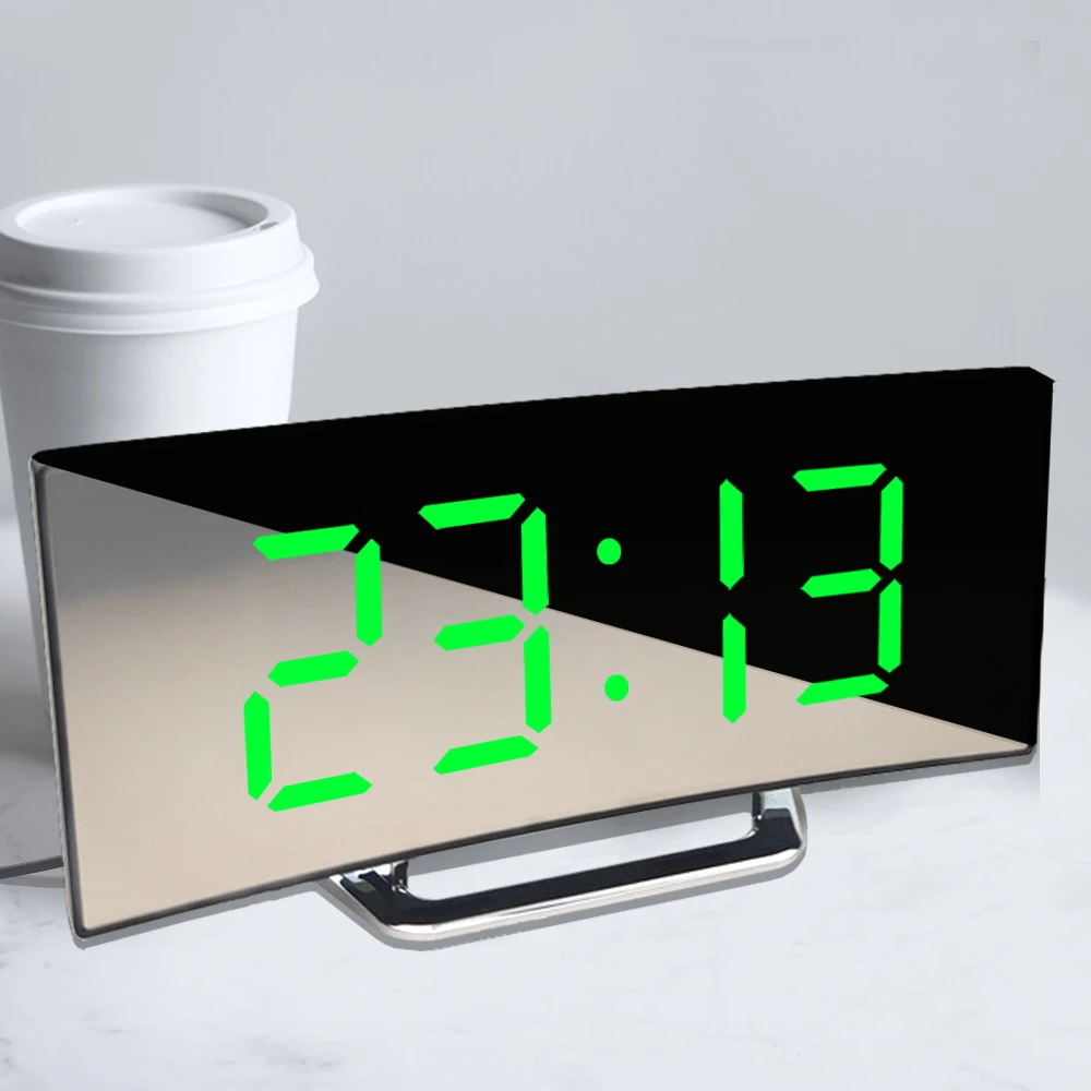 Digital Alarm Clock Desk Table Clock Curved LED Screen Alarm Clocks For Kid Bedroom Temperature Snooze Function Home Decor Watch #green 