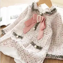 Платье принцессы коллекция года, Осенние хлопковые шерстяные платья в клетку Детские платья с длинными рукавами и бантом модная высококачественная одежда для маленьких девочек от 2 до 6 лет