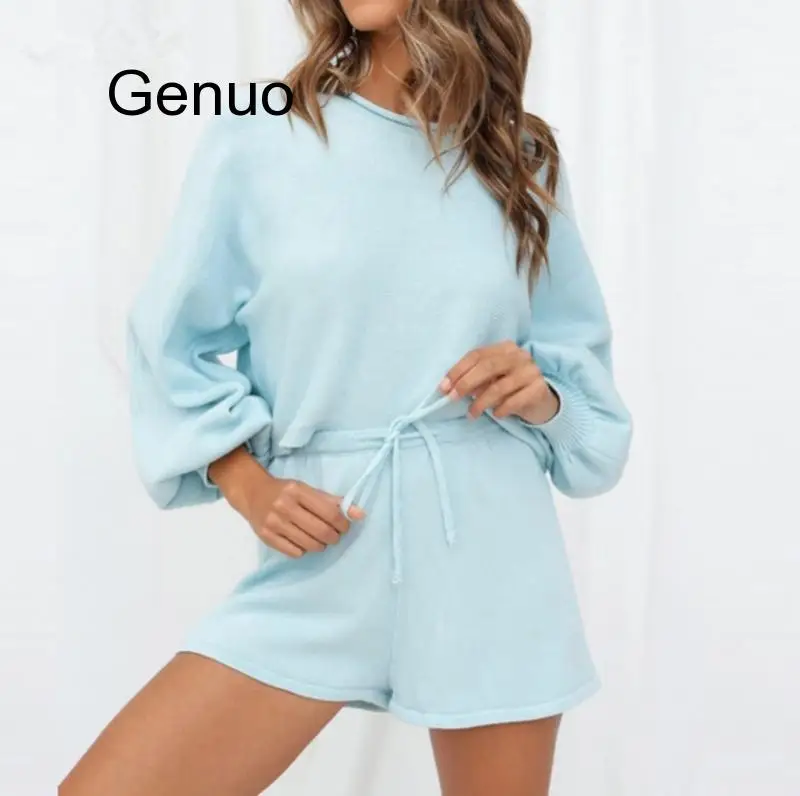 Long Sleeve Summer Casual O Neck White Khaki Two Piece Set Crop Top And Shorts Drawstring 2 Piece Women Sets Outfits 2020 elegant women trousers suit blue khaki black summer half sleeve blazer pant 2 piece sets formal office lady business work wear