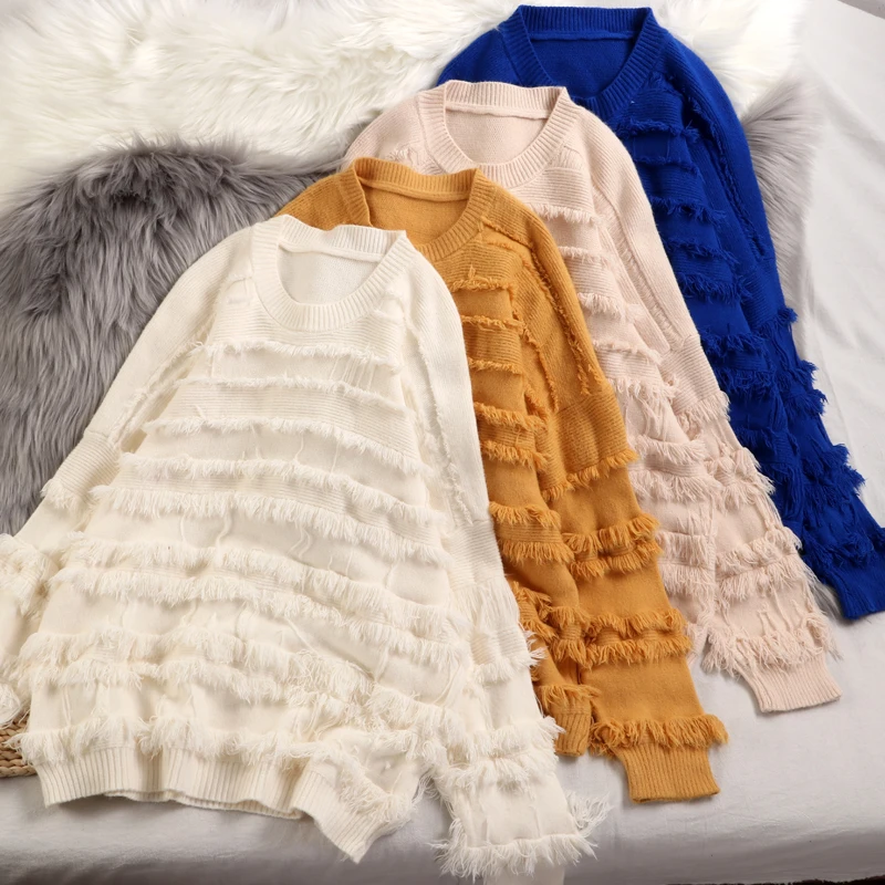Tassel Solid Color Stylish Sweater Women Autumn Winter Fashion Knitted Pullover High Quality Oversized Pull Korean Style Jumper | Женская