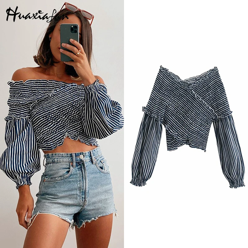 

Huaxiafan Women Blouse Crossover Cropped Strip Wrap Blouses Vintage Slash Neck Lantern Sleeve Ruffles Shirts Blusas Mujer Tops