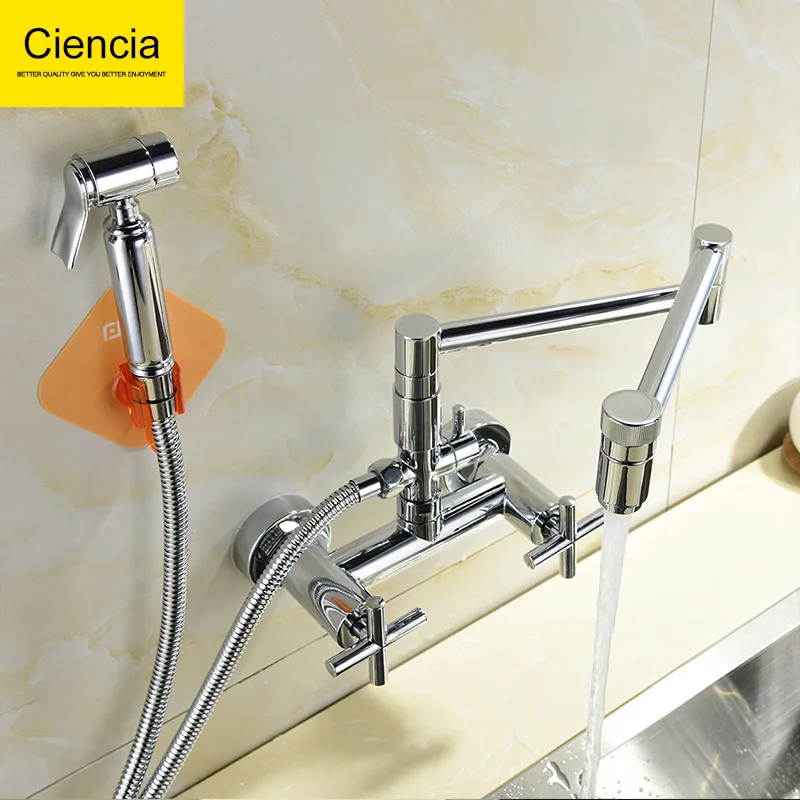 

Copper Chrome Plated Wall-in Kitchen Faucet Universal Rotating Hot And Cold Water Kitchen Faucet Folding Biswitch Sink Faucet