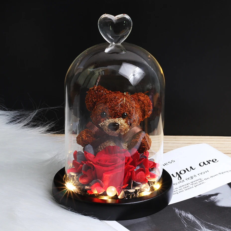  2019 New Listing Pink Mini Bear Rose Light Bottle In Jar Desk Night Light Beauty And The Beast Roma