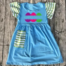 Пасхальное платье для маленьких девочек; сезон весна-лето; цвет синий; детская одежда из 100 хлопка; платье с короткими рукавами-крылышками и оборками; Платье До Колена с изображением кролика и яйца