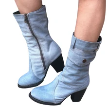 Laamei/ г., модные осенне-зимние женские ботинки женская джинсовая обувь на высоком каблуке с круглым носком в ковбойском стиле сапоги до колена