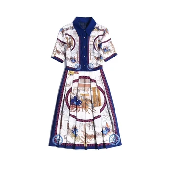 

European and American women's dress 2020 summer new styles Short sleeve lapel Fashionable carriage print pleated dress