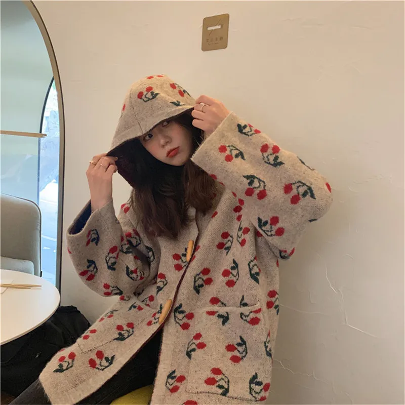 Корейский Ulzzang осень зима женский свитер с капюшоном Вишневый узор негабаритных вязаный кардиган милые карманы свободная теплая верхняя одежда