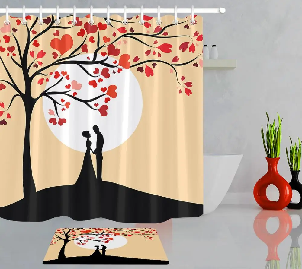 Tree of Life Decor Shower Curtain Set Valentine Polyester Bath Curtains 12 Hooks 