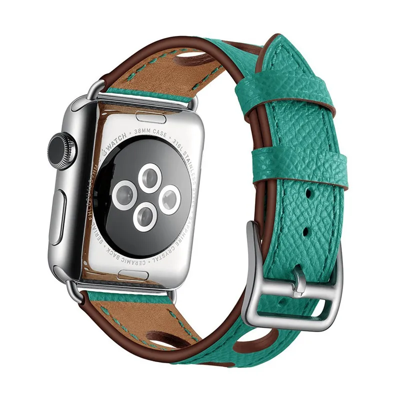 Ремешок для часов из натуральной кожи с логотипом Herm для Apple Watch Series 5 4 3 2 1 44 мм 40 мм 42 мм 38 мм Замена для iWatch браслет - Цвет ремешка: Green