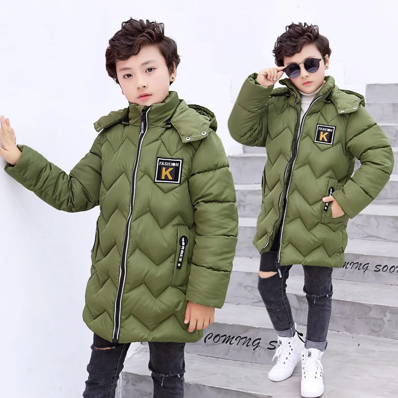 Детская зимняя куртка для мальчиков, пальто, Осенняя детская зеленая длинная парка с капюшоном, пальто, зимняя теплая одежда для мальчиков-подростков 5, 8, 12, 15, 16 лет