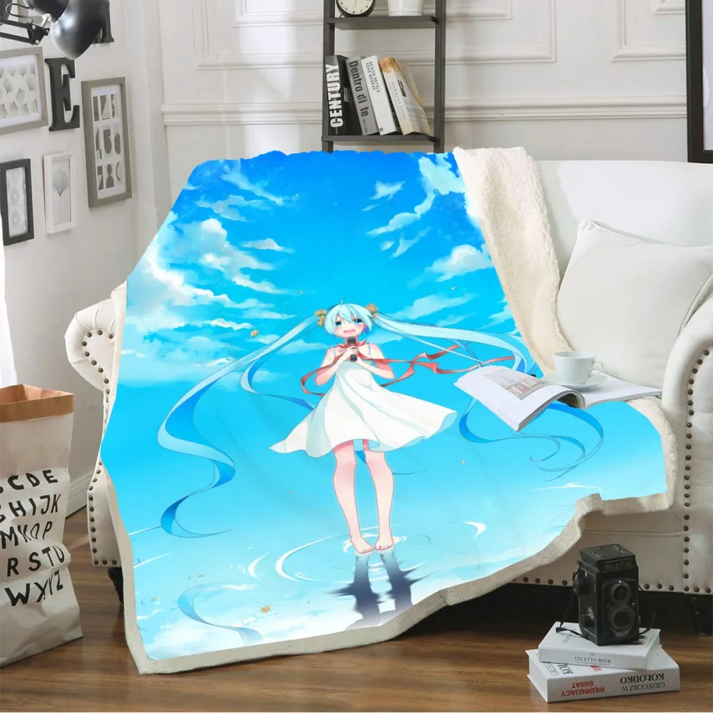Color-1 Kids Home Bedding Blue Sky Sherpa Fleece Blanket Hatsune Miku Sofa Couch Warm Custom Blanket for Travel Office 150x200cm - Color: Color-1
