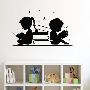 

Boy Girl Read Books Wall Sticker Stars Moon Wall Art Murals Library Reading Corner Wall Decor Children Room Nursery Decoration