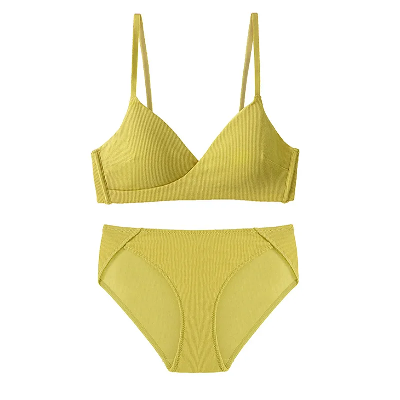 Lemon yellow Новинка, Комплект беспроводных хлопковых бюстгальтеров со вставкой, бюстгальтер с треугольными чашечками и трусики, комплект нижнего белья, женское нижнее белье, 6 цветов - Цвет: Lemon yellow