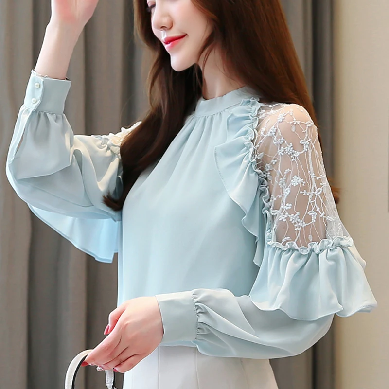 

Ruffle Lace Summer 2019 Autumn New Blouse Shoulder Beating Bottom Shirt Lotus Leaf Wave Edge Chiffon Woman Shirt Tops 687H