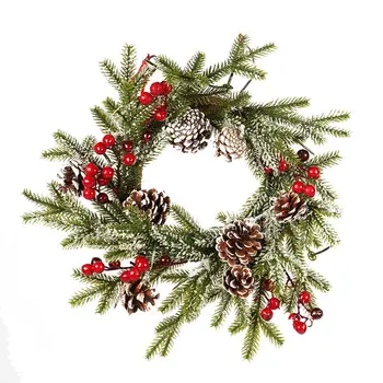 

NEW 40cm Christmas Wreath PE Pine Cone Red Fruit Wreath Christmas Door Decoration White Flocking Pendant #s