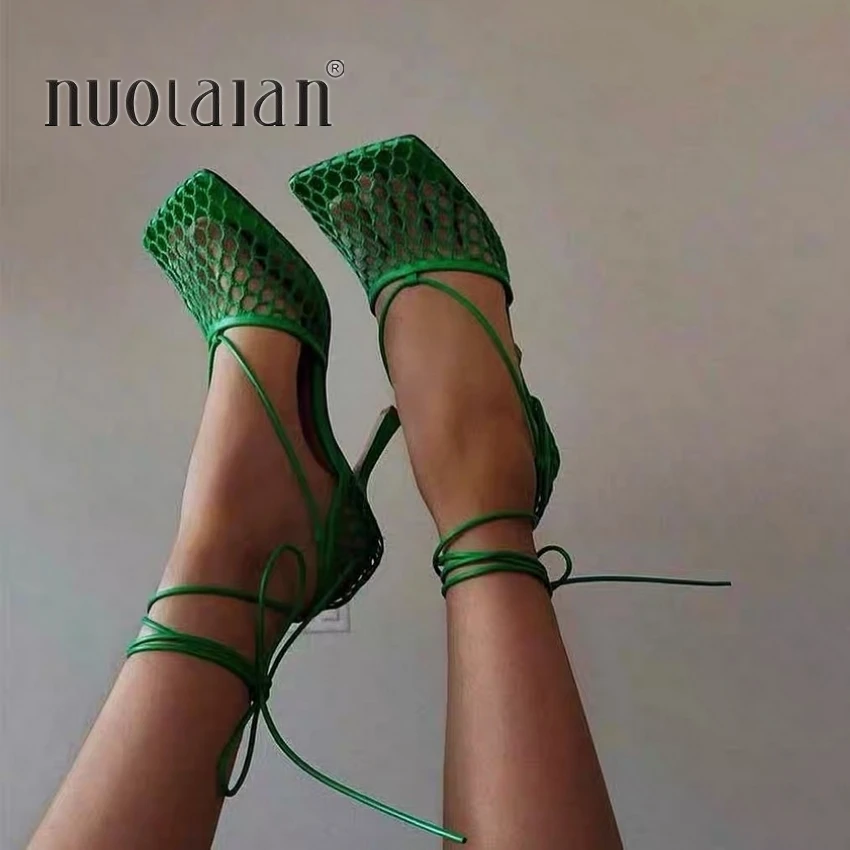 Women High Heels Sexy Green Mesh Square Toe Lace Up Cross-tied Stiletto hollow for Party women high heels platform high heels sandals
