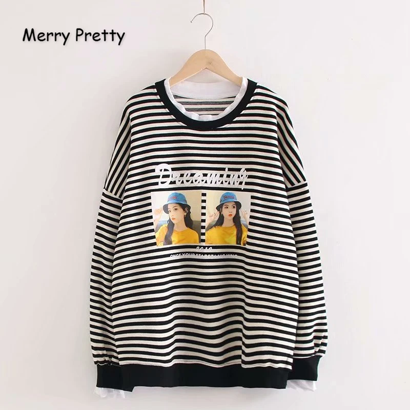 Merry Pretty, хлопковые женские толстовки в полоску с принтом персонажа, толстовки, зимний Повседневный Спортивный костюм с длинным рукавом и круглым вырезом, пуловер