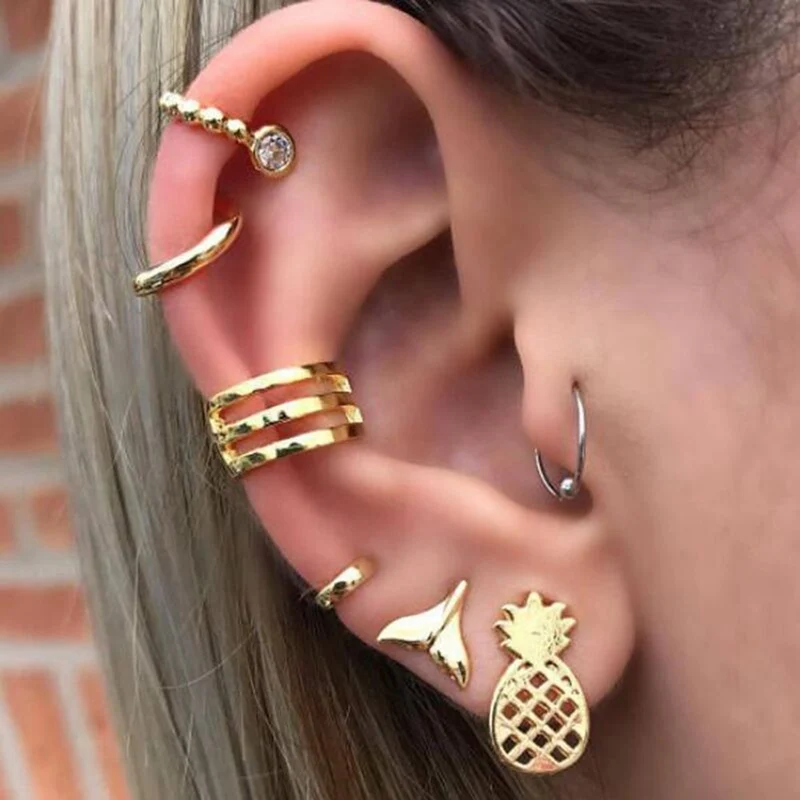 2020 Fashion Geometric Pineapple Studs Earrings Set For Women Metal Pendant Fake Piercing Stud Earring Boho Girls Trendy Jewelry