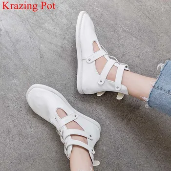 

Krazing Pot high quality buckle cow leather shallow round toe ankle boots elegant vacation driving gladiator winter shoes L18