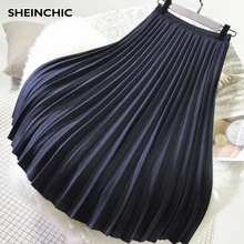 Весенне-осенняя однотонная твидовая юбка миди, винтажная синяя/черная/красная/серая плиссированная юбка с высокой талией для женщин, новинка, Saia Faldas