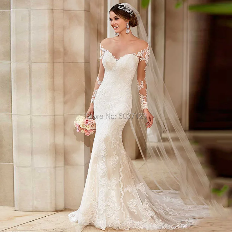 Свадебное платье Русалочки с открытыми плечами Vestido De Noiva кружевное свадебное платье с аппликацией с длинными рукавами со шлейфом и