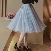 Винтажная сетчатая юбка в складку, Весенняя летняя модная женская бальная юбка с высокой талией, Повседневная однотонная женская трапециевидная юбка средней длины