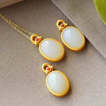 

New silver inlaid natural Hetian white Chalcedony oval Egg Pendant Necklace Chinese style antique gold charm women's jewelry