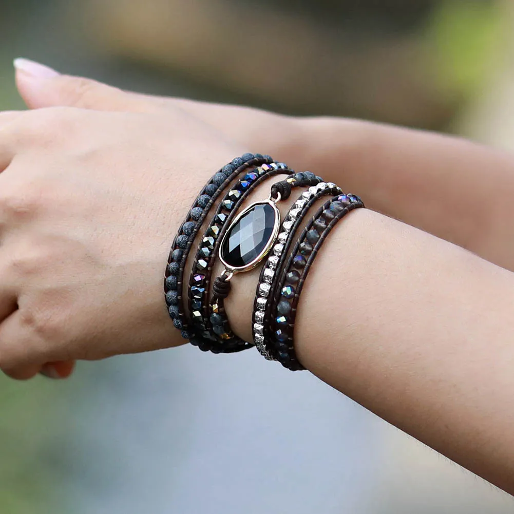Native Inspired Designer Leather Bracelet Black Onyx Mix 5 Strands Woven Wrap Bangles Bohemian Jewelry Dropship - Image 5