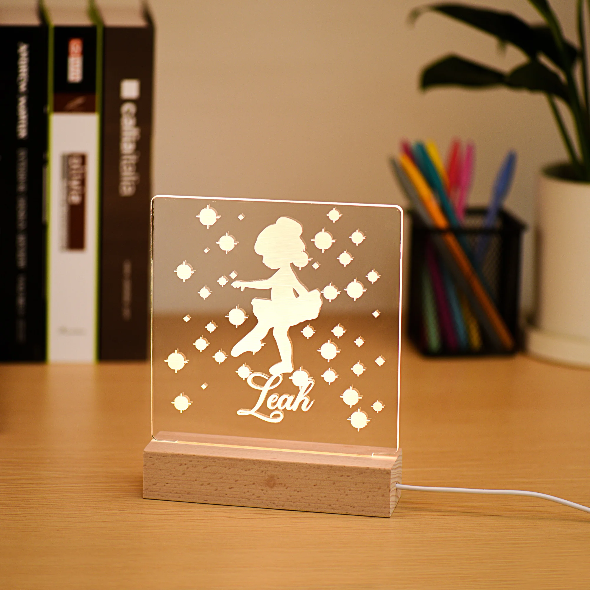 

Custom Cute girl Wooden 3D acrylic night light girl LED table lamp suitable for Kids gifts Christmas birthday holiday party