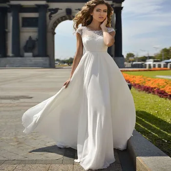 

Scoop Short Sleeves Lace Top A-Line Wedding Dresses Chiffon Lace Up Back Custom Bridal Gowns Spring Wedding Wear Garden For Lady