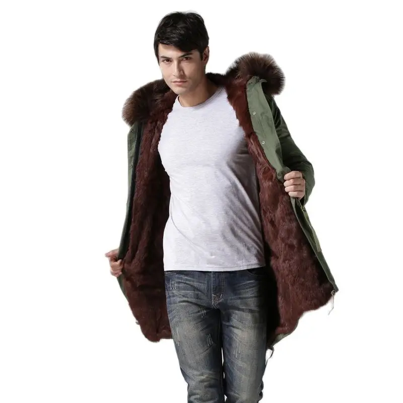

Новое поступление, Мужская зимняя коричневая парка с подкладкой из натурального кроличьего меха, искусственное пальто армейского зеленого цвета