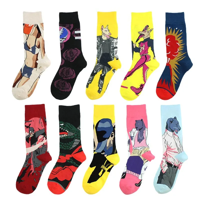 1 пара мужских забавных носков серия оборотней, хлопковые модные зимние теплые носки с героями мультфильмов Harajuku, носки для скейтборда большой размер 40-46