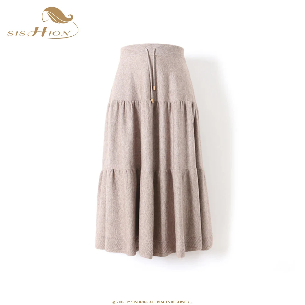 SISHION Knitting Skirts One Size Autumn Winter Black Lace Up Elastic Waist Slim Large Size Long Casual Skirts QY0710