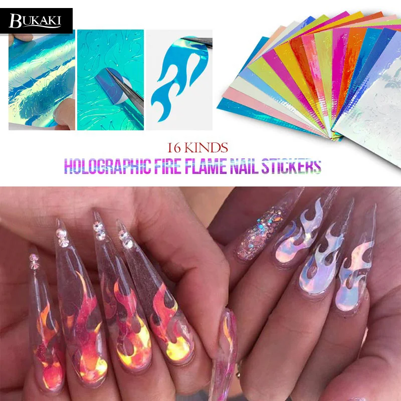 

BUKAKI 3D Flame Nail Stickers Colorful Hollow DIY Nail Art Decoration 16PCS/set Nail Art Design Dandelion Fires on Manicure