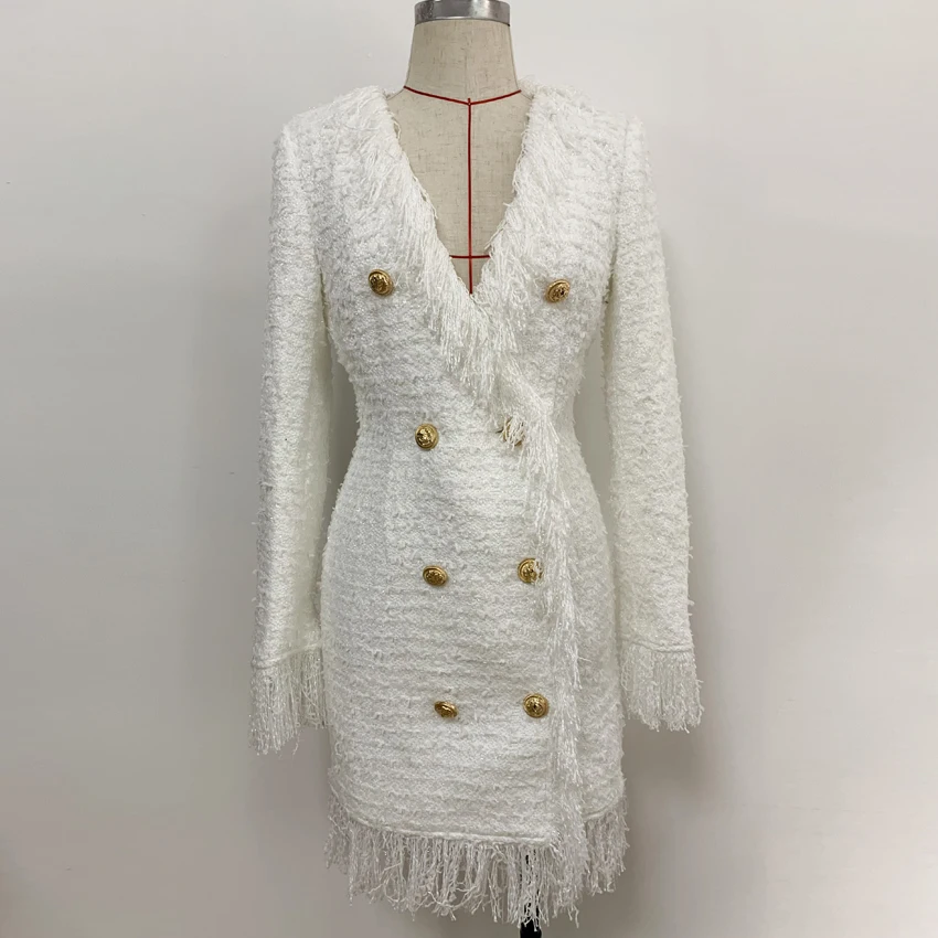  HIGH QUALITY Newest 2019 Designer Runway Dress Women's Long Sleeve Metal Lion Buttons Fringed Tweed