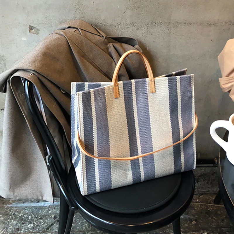 

Vintage Casual Striped Women Handbag Large Capacity Canvas Tote Bags For Women Summer Square Shoulder Crossbody Shopping Bag