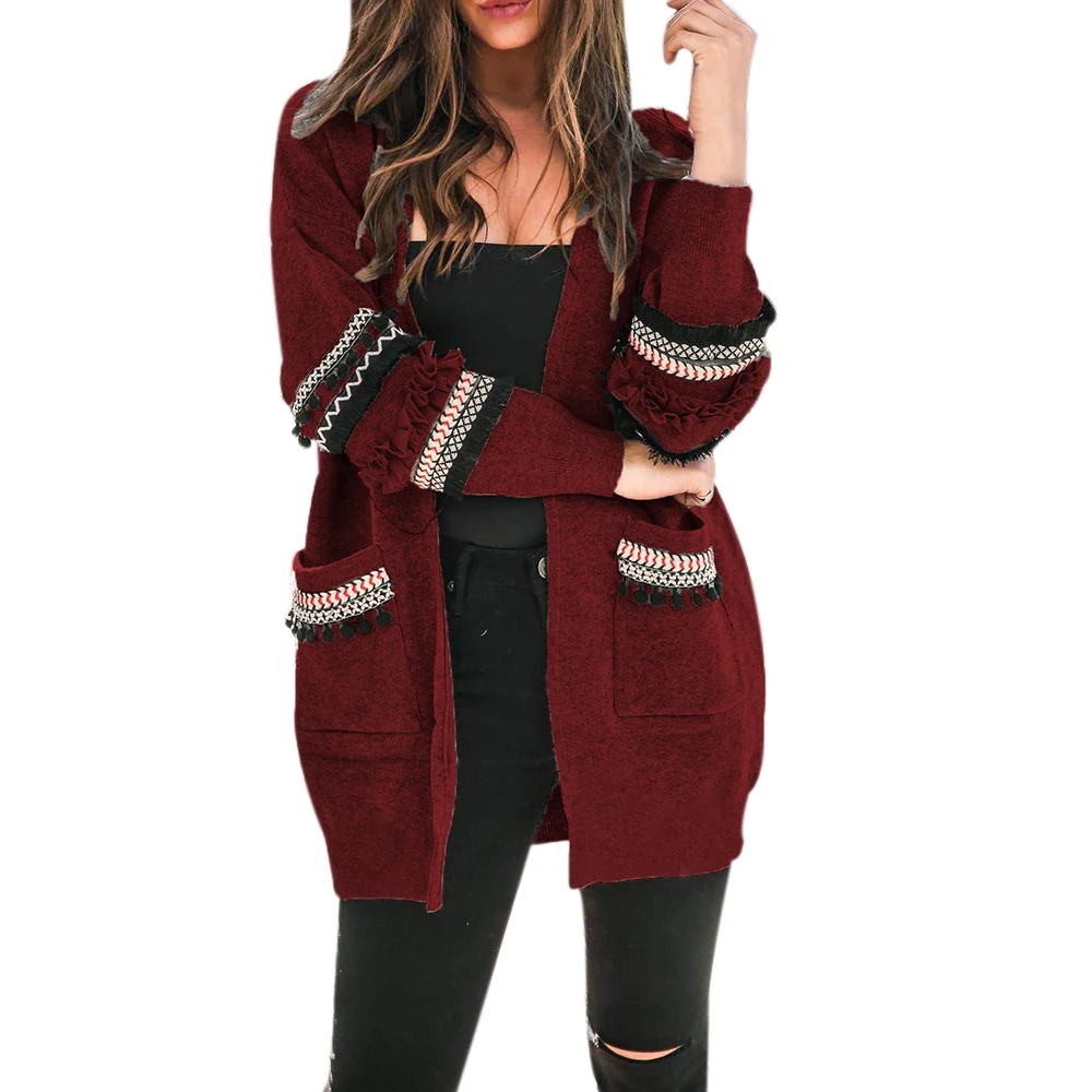 Wine Red Женский кардиган в стиле пэтчворк, свитера,, свободное зимнее пальто, модиш, трико, повседневные Карманы, Feminino, свитер с кисточками, Теплые Топы - Цвет: Wine Red