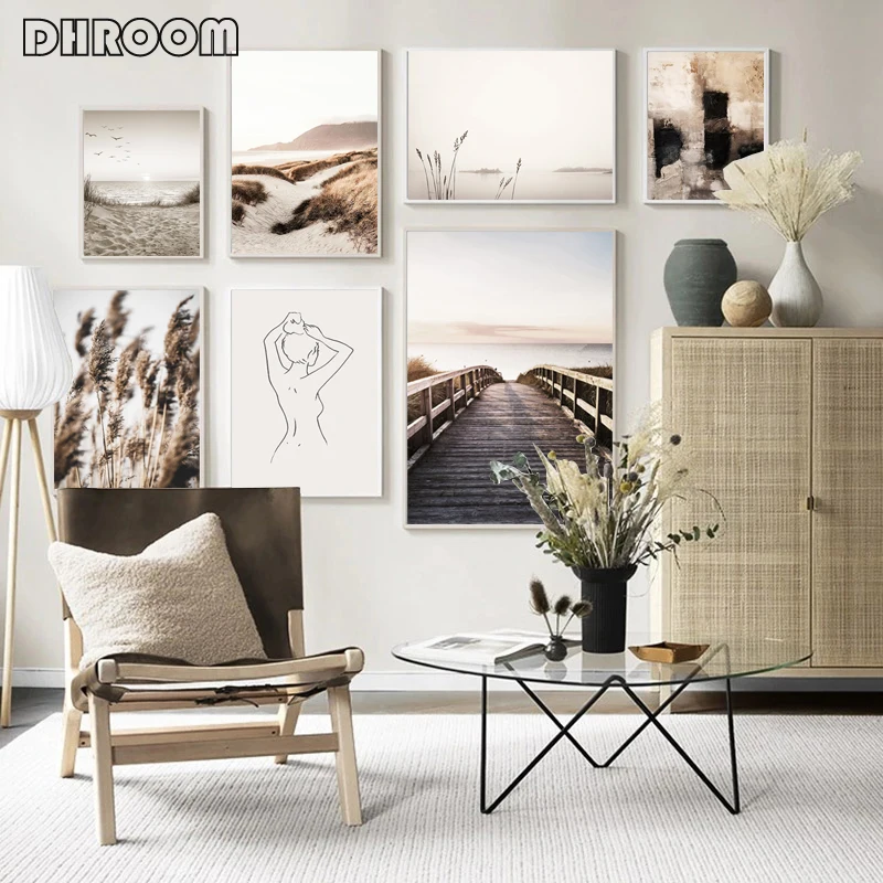

Scandinavian Nature Landscape Canvas Painting Weed Bridge Beach Wall Art Poster and Print Nordic Modern Picture Home Decor