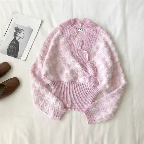Neploe Contrast Color Plaid Pullover Sweater Cross Ruffle V-neck Knitwear Autumn Winter Sweet Slim Waist Pull Jumpers 56393 - Цвет: pink